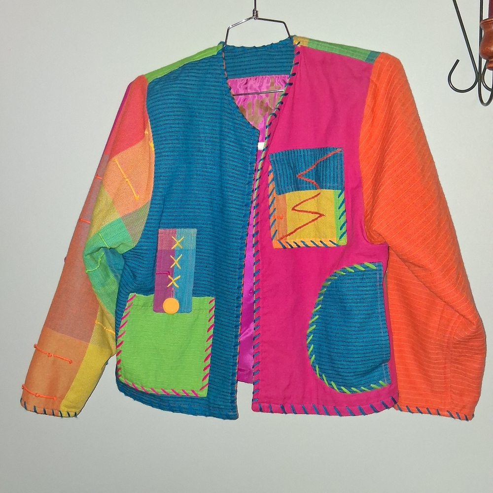 Vintage Elevated Basic Colorblock Patchwork Jacket in Teal, Pink, Orange, Green
